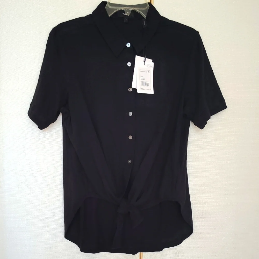 Theory Hekanina Black Tie-Front Button-Up Shirt | Size L. - Picture 2 of 8